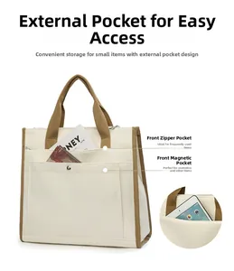 Detail view of large tote bag with front zipper pocket and magnetic snap pocket compartments