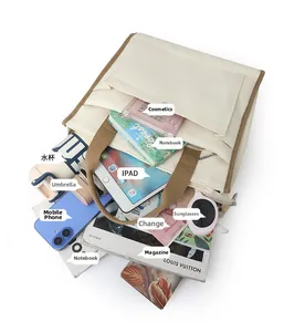 Large beige canvas tote bag showing interior capacity for laptop, iPad, and daily essentials