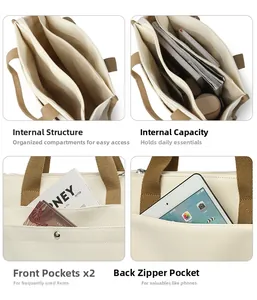 Detailed grid view of off-white canvas tote bag with multi-layer pockets and large capacity