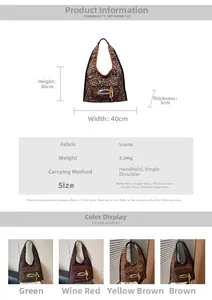 Detailed size specifications and material chart for the leopard print suede tote bag