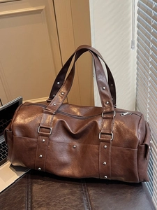 Retro Women Large Capacity PU Leather Travel Tote Bag With Rivet Decor Casual Shoulder Weekend Bag Fashion Handbag