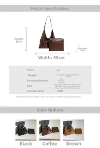 Size chart and technical specifications for large and small PU leather tote bag set