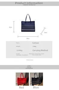 Detailed size chart for striped canvas tote bag showing dimensions and handle length