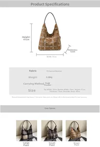 Dimensions détaillées pour grand sac cabas en laine à carreaux avec mesures de la bandoulière