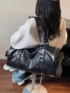 Retro black leather travel bag with silver studs and large capacity for women