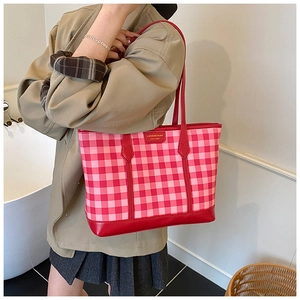 Model shot of a red and pink checkered tote bag with golden logo and leather straps