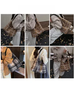 Grand sac cabas en laine à carreaux porté par un mannequin pour un style décontracté