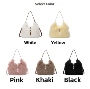 Auswahl an Plüsch-Taschen in den Farben Weiß, Gelb, Rosa, Khaki und Schwarz