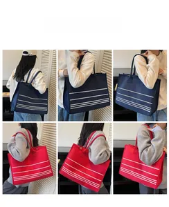 Detailed views of high-capacity striped canvas tote bags in red and navy blue options