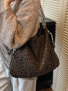 Grand Sac Fourre-tout à Imprimé Léopard pour Femmes Cuir PU Mode Sac à Bandoulière Décontracté avec Sangle Rayée