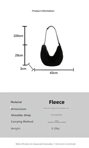Size chart showing faux fur hobo bag dimensions 43x28cm and 100cm adjustable strap