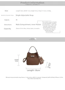 Detailed size guide for bucket bag L18xW11xH16cm showing PU texture and capacity