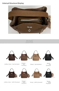 Detailed internal structure and color options of the leather bucket bag with silver lock