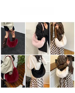 Multiple views of fuzzy half-moon bags with adjustable straps in various autumn colors