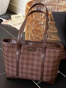 Vintage Checkered Tote Bag Large Capacity PU Leather Shoulder Bag For Women Fashion Gingham Commuter Handbag Casual Travel Bag