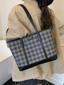 Retro grey plaid tote bag with large capacity and black leather straps for daily commute