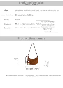 Size guide for suede leopard crescent bag showing 27x7x16cm dimensions and capacity details