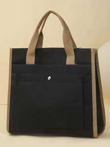 Large capacity black canvas tote bag with contrast khaki trim for women's daily commute