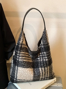 Grand Sac Fourre-tout Écossais en Lainage pour Femme Mode Automne Hiver Vintage Sac à Épaule Décontracté Navetteur
