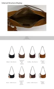 Detailed internal structure and color options of faux suede half-moon shoulder bag