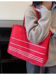 Large capacity red striped canvas tote bag for women with four white stripes design