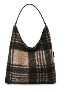 Sac fourre-tout classique en laine à carreaux gris et noir avec une poignée en cuir haut de gamme