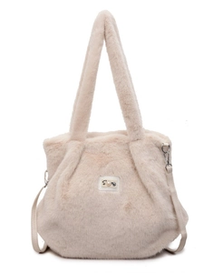 Sac cabas en fausse fourrure crème avec grande capacité et bandoulière amovible