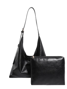 Retro black faux leather hobo shoulder bag set with matching small zipper pouch