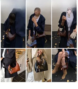 Sac demi-lune rétro en plusieurs couleurs porté par un mannequin dans divers décors