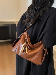 Retro brown large capacity PU leather tote bag with ethnic beaded pendant decoration