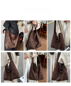 Detailed views of vintage leopard print tote bag styled in various indoor and outdoor settings