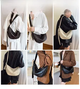 Collage of black and beige crescent hobo bags with adjustable straps on models