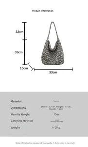 Detailed size specifications for a woven polyester tote bag with 33cm width and 33cm height