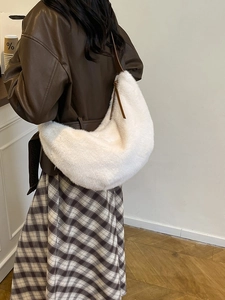White faux fur hobo bag with brown leather strap, large capacity shoulder bag for winter