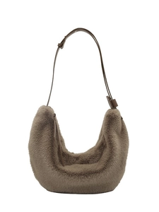 Fuzzy khaki half-moon plush shoulder bag with adjustable brown leather strap