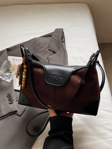 Retro Splicing PU Leather Dumpling Crossbody Bag For Women Large Capacity Suede Feel Shoulder Handbag With Beads Pendant