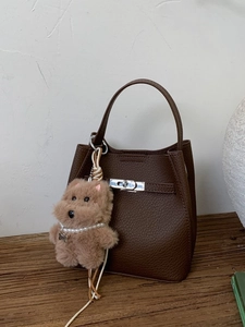Women Fashion Litchi Texture PU Leather Bucket Bag Minimalist Retro Handbag With Charm Crossbody Shoulder Bag For Women