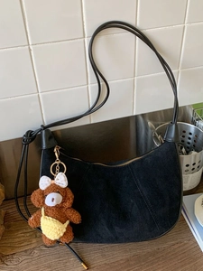 Vintage Suede Hobo Bag For Women Half Moon Shoulder Crossbody Bag With Detachable Plush Bear Charm Casual Commute Handbag