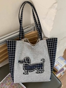 Sac Tote en Toile pour Femme Grande Capacité Patchwork à Carreaux Sac à Bandoulière Broderie Teckel Sac à Main Décontracté