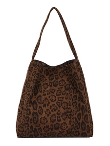 Large leopard print tote bag in vintage faux suede fabric with soft shoulder strap