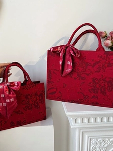 Grand Sac Tote Jacquard Floral Pour Femmes Sac à Main Mariage Rouge Avec Foulard en Soie Style Chinois Rétro Sac de Mariée