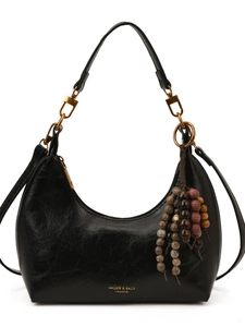 Sac hobo en cuir noir avec pompon en perles colorées et garnitures dorées élégant