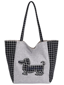 Grand sac cabas gris en toile avec damier et broderie teckel pour femmes