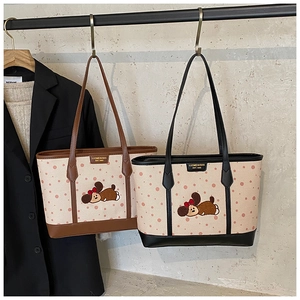 Grand sac cabas en toile avec imprimé ours et bordure en cuir marron et noir