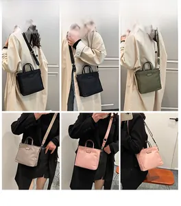 Collage of model wearing minimalist nylon crossbody bags in various colors with wide straps