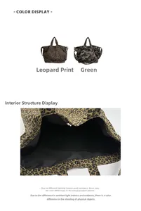 Detail showing leopard print and camo tote bags with dual handles and magnetic closure