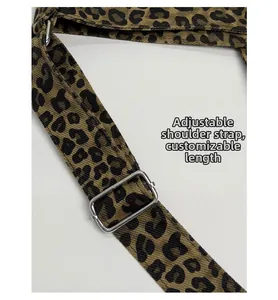 Detail of adjustable leopard print canvas strap with polished silver metal buckle
