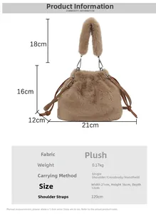 Brown faux fur bucket bag dimensions showing 21cm width with drawstring and soft texture