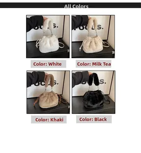 Furry drawstring bucket bags shown in white, beige, khaki, and black color options