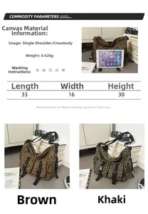 Details zur Leopard-Canvas-Tasche mit Fronttaschen und Reißverschluss, inklusive Maße